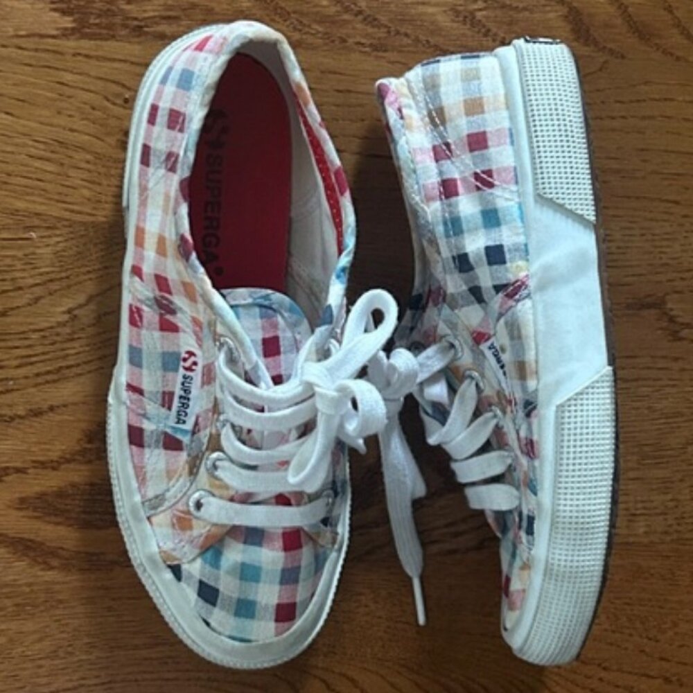 Superga 2750 Cotu Classic Shoe Y US 2.5 EU 34 White Red Gingham Check Sneaker